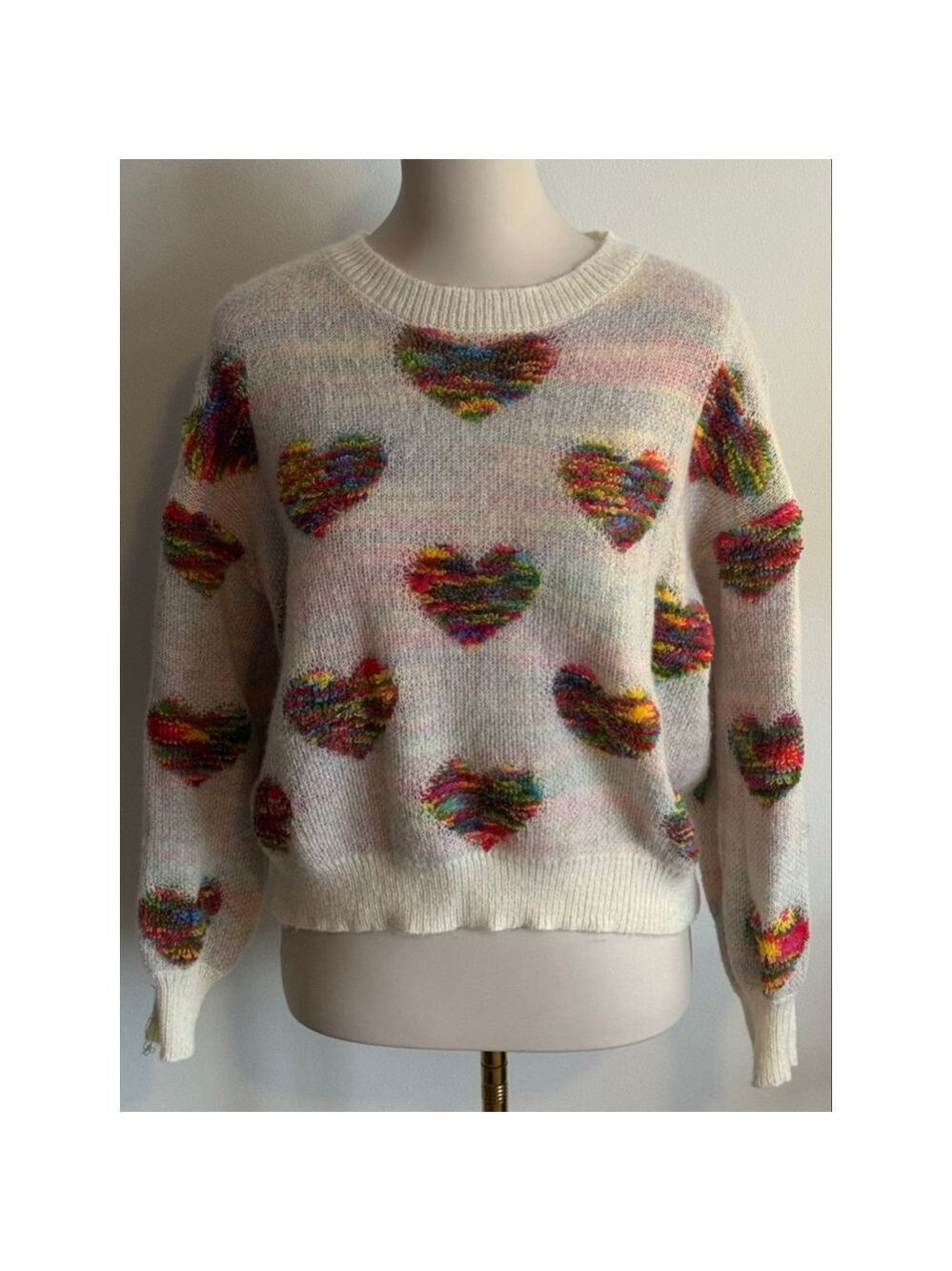 Women's Unbranded White Multicolor Heart Crew Neck Sweater M